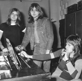Emerson, Lake and Palmer in the studio for the recording of their album <i>Trilogy</i> in 1971. 