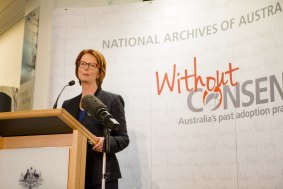 Former Prime Minister Julia Gillard speaks at the opening of Without Consent: Australia's adoption processes, at the National Archives.