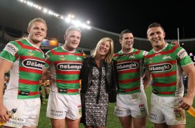 Family affair: Thomas, George, Julie, Luke and Sam Burgess after South Sydney's round 25 clash with Wests Tigers in 2013, the first time the four brothers played in the NRL together.