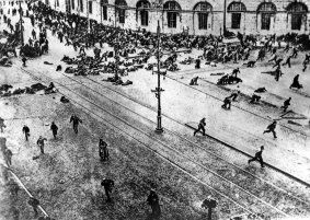 May 1917: A main street in St Petersburg during the revolution. The tumult sent shockwaves around the world as Tsar Nicholas II abdicated his throne, and power was later seized by Vladimir Lenin's Bolsheviks. 