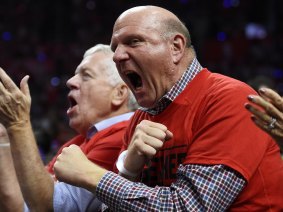 Fired up: Los Angeles Clippers owner Steve Ballmer cheers during the first half in Game 2 of the team's first-round NBA playoff series against the Portland Trail Blazers in Los Angeles. 