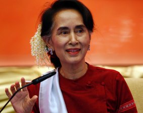 Myanmar State Counsellor Aung San Suu Kyi speaks during  "Peace Talk" in Naypyitaw, Myanmar, in January.