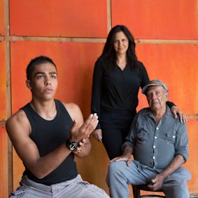 Corroboree Sydney's artistic director Hetti Perkins in 2013 with dancer Karwin Knox (left) and Roy Kennedy from the Corroboree Council of Elders.