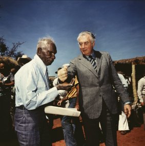 Bishop's 1975 photo of Vincent Lingiari and then prime minister Gough Whitlam.