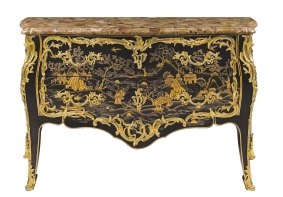 A French lacquered wood commode with gilded bronze mounts and a marble top, attributed to Pierre-Antoine Foullett, from around 1770.
