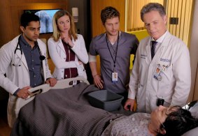 Manish Dayal (left), Emily VanCamp, Matt Czuchry and Bruce Greenwood in <i>The Resident</i>.