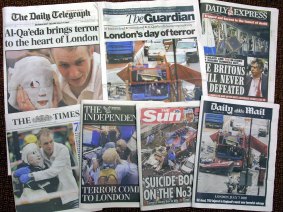 Front pages of Britain's national newspapers the day after the attacks of July 7, 2005.