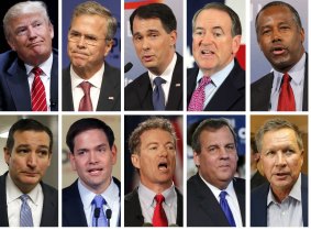 Republican presidential candidates (top row left to right) Donald Trump, Jeb Bush, Scott Walker, Mike Huckabee, Ben Carson, (bottow row left to right) Ted Cruz, Marco Rubio, Rand Paul, Chris Christie and John Kasich.