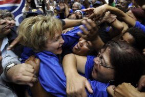 Helen Zille is mobbed by Democratic Alliance supporters in Cape Town in 2009.