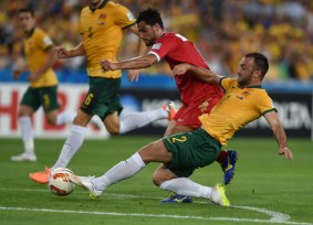 Clean sheet: Ivan Franjic and the Socceroos defenders had an easy night. 