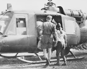 
Little Pattie being flown out of Nui Dat on the evening of the Battle of Long Tan, 1966.

