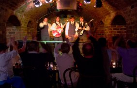 Entertainment: Beatles tribute band onstage inside The Cavern Club, Liverpool.