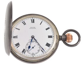 A sterling-silver Longines pocket watch awarded to Clarence Petersen de la Motte  in 1916 is one of the feature items in Leonard Joel's March sale of fine jewellery.