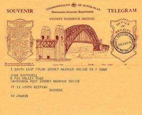 The telegram John Southwell's father sent him from the temporary post office in the South Pylon of the Harbour Bridge on the day of its opening.
