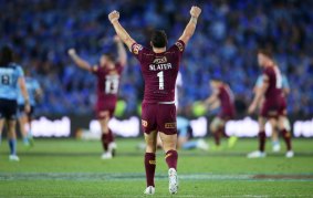 Billy Slater of the Maroons celebrates victory at the end of game two of the State Of Origin series.