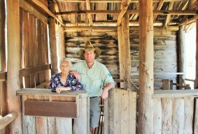 Dorothy Ambrose and Tim the Yowie Man in the Redlands Hill Park information shelter which was designed to resemble part of a shearing shed.