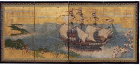 Dutch trading ship in Japanese waters, a  four-panel screen, in opaque water colour, ink and gold on paper.