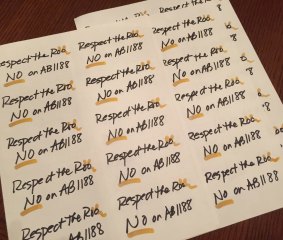 Homemade lapel stickers for the last day of the California legislative session.