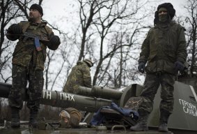Ukrainian servicemen on the outskirts of Donetsk, in Ukraine, on Wednesday.