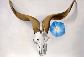American artist Georgia O'Keeffe, Ram's Head, Blue Morning Glory, 1938. The inner life of flowers and the New Mexican desert were both major themes in O'Keeffe's work.
