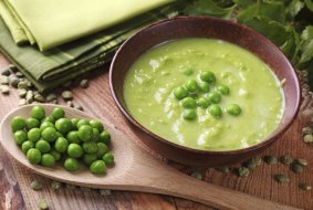 Fresh pea soup is delicious with a loaf of crusty seeded bread.