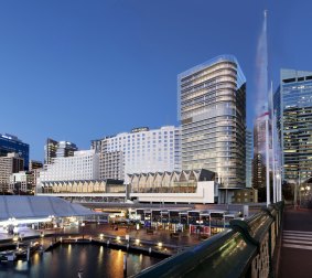 Artist impression of new development of Four Points by Sheraton and the One Wharf lane office tower at Darling Harbour.

Pyrmont Bridge_revC.jpg