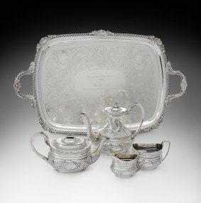 The 1899 Melbourne Cup Trophy won by Merriwee, comprising a silver presentation tray and tea and coffee service.