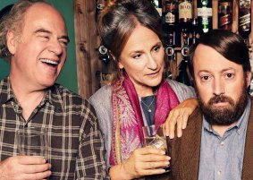 Geoffrey McGivern, Penny Downie and David Mitchell in the British comedy Back. 