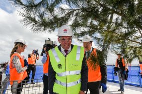 Premier Mike Baird and Lend Lease managing director Steve McCann at the topping out ceremony on Tower 2 of the Barangaroo South site.