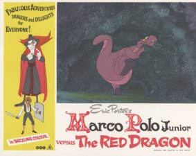 A lobby card for Marco Polo Junior Versus The Red Dragon.