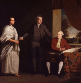William Parry's portrait of (from left) Ra'iatean man Mai, Sir Joseph Banks and Daniel Solander, circa 1775-76. 