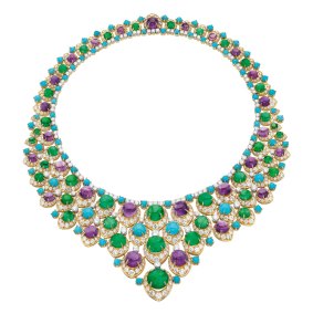 An articulated Bulgari "bib" necklace in gold set with 84 turquoises, 37 cabochon emeralds, 27 amethysts and 937 brilliant-cut diamonds.