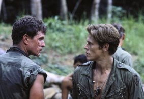 With Tom Berenger in Oliver Stone’s Platoon, for which Dafoe would be Oscar-nominated.