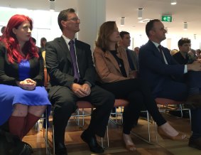 From left, new Labor members Tara Cheyne and Gordon Ramsay, with Labor deputy Yvette Berry and leader Andrew Barr at Wednesday's declaration of the polls.