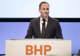Ken MacKenzie, chairman of BHP, addressing shareholders at the company's annual  meeting in Melbourne on Thursday.