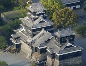 Kumamoto Castle stands damaged after a magnitude-6.5 earthquake in Kumamoto city, southern Japan.