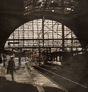 Julian Laffan's <i>Main Station Prague</i> woodcut in <i>World Series</i> at M16 Artspace is inspired by the stereoscopic double images from the early days of photography.