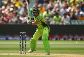 Lucky escape: Misbah-ul-Haq bats during the World Cup quarter-final against Australia at the Adelaide Oval.