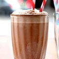 A double chocolate and peanut butter shake made from white milk