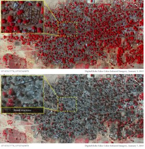 Before and after infrared images taken on January 2 (top) and January 7 (bottom) show the village of Doron Baga - also known as Doro Gowon - on January 2,  with densely packed structures and tree cover  (seen in red) before the village was razed by Boko Haram on January 7. 