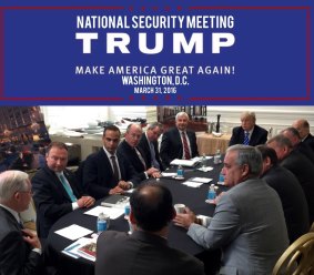 An image from President Donald Trump's Twitter account, George Papadopoulos, third from left, sits at a table with then-candidate Trump. Jeff Sessions faces Trump across the table.
