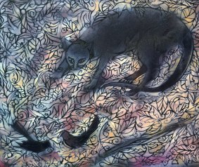 Euan Graham, The Cat Bell (detail), spray enamel on paper, 2017. 