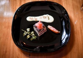 Eel with goats cheese, wasabi and finger lime.