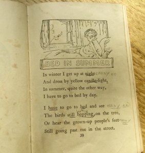 Author Bernice Barry's annotated childhood copy of <i>A Child's Garden of Verses</i> by Robert Louis Stevenson.