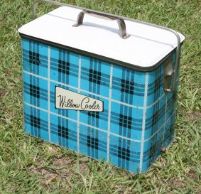 An old metal Willow Cooler with its tartan pattern.