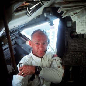 Buzz Aldrin inside Apollo 11.