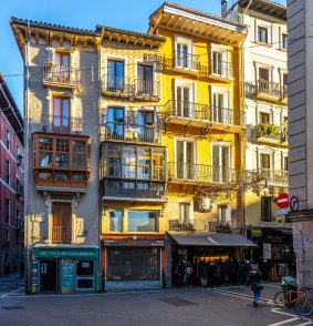 Colorful typical buildings in Pamplona old town. 