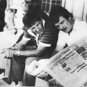 Ken Barrington and Robin Jackman in the players pavilion at Kensington Oval, Barbados, during the third Test of the 1981 series between England and the West Indies. Barrington died of a heart attack on March 14, the second day of the Test.