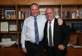 National pride: John Williams (at right) with his friend Barnaby Joyce, the Minister for Agriculture, at Parliament House earlier this year. 