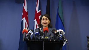 Gladys Berejiklian announcing she  will be resigning as NSW Premier and from the NSW Parliament due to an investigation by ICAC at Martin Place, Sydney on October 1, 2021. Photo: Dominic Lorrimer